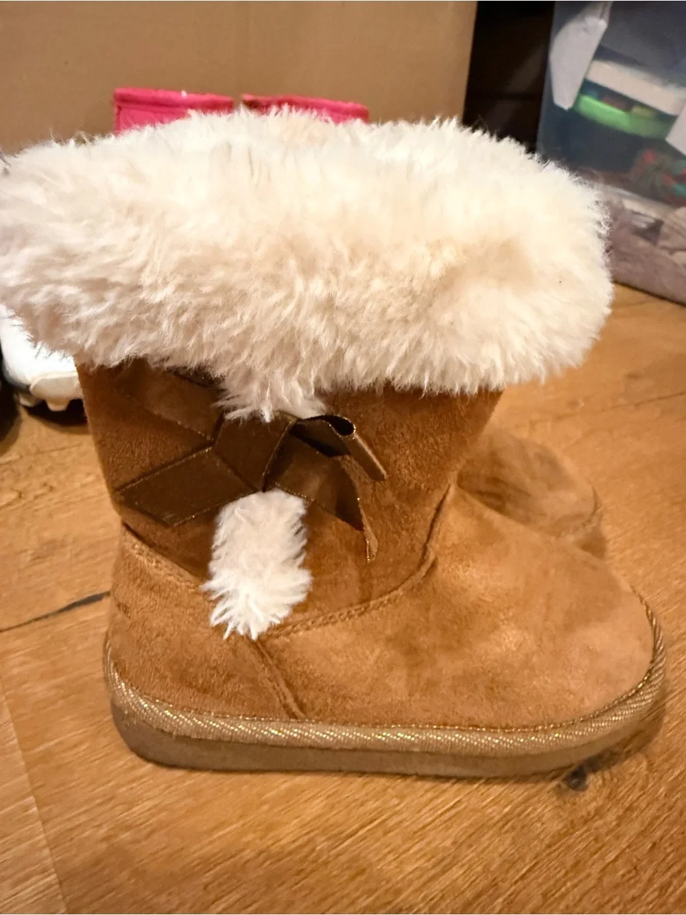 Toddler Faux Shearling Bow Boots - Chestnut Brown